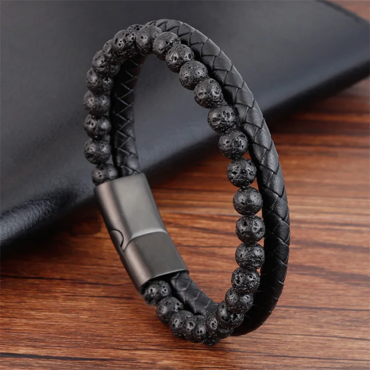 

Hot Sales Stainless Steel Clasp Custom Double Layer Bracelets Natural Lava Stone Bracelet Braided Leather Bracelet