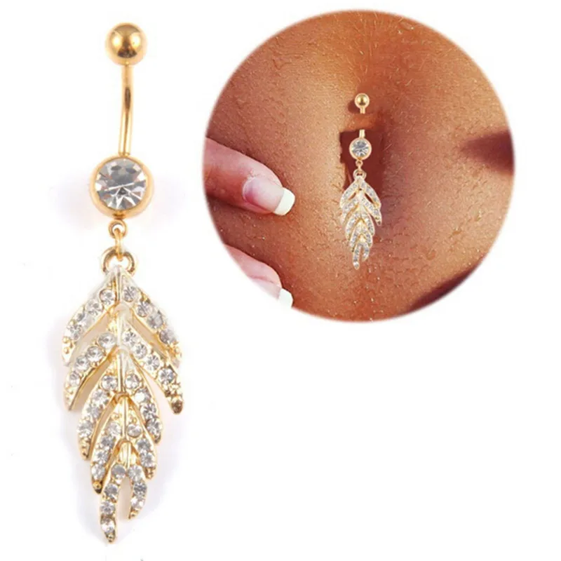 

Newest Body Piercing Jewelry Crystal Leaf Shaped Belly Button Ring Stainless Steel Feather Navel Rings For Sexy Women