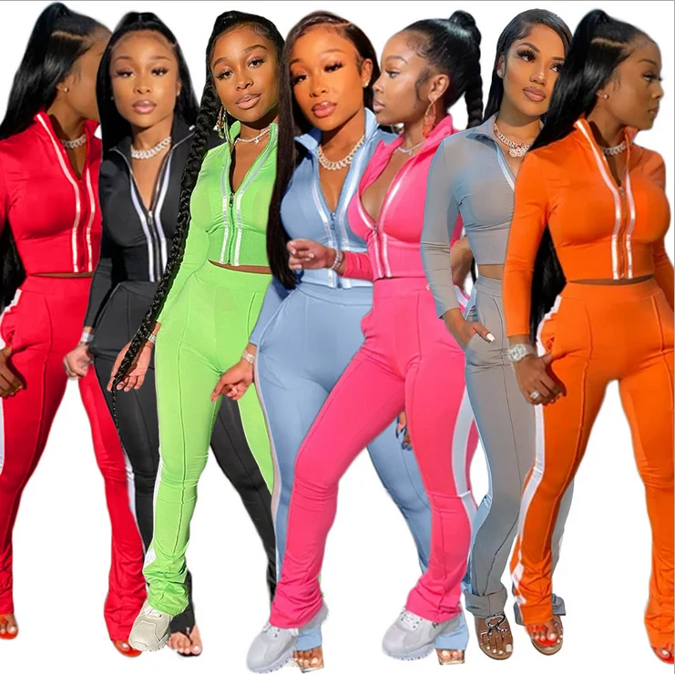 

2021 Women Fall Clothes Solid color splicing reflective strip sports leisure two-piece set womens sweat suits for women