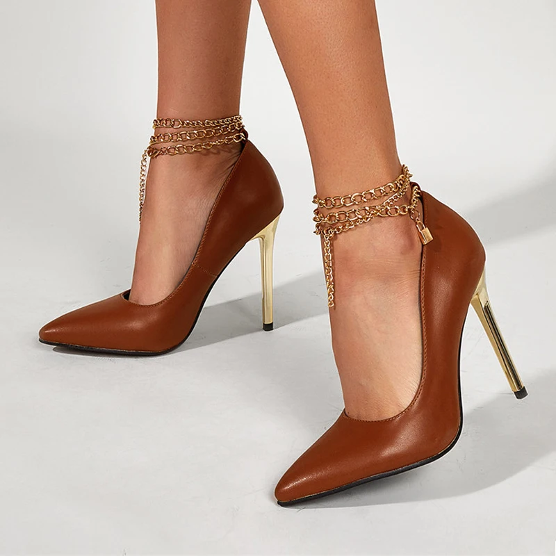 

Spring Autumn Sexy Pointed Toe Woman Pumps Fashion Metal Chain Design Ankle Buckle Strap High Heels Women Dress Shoes