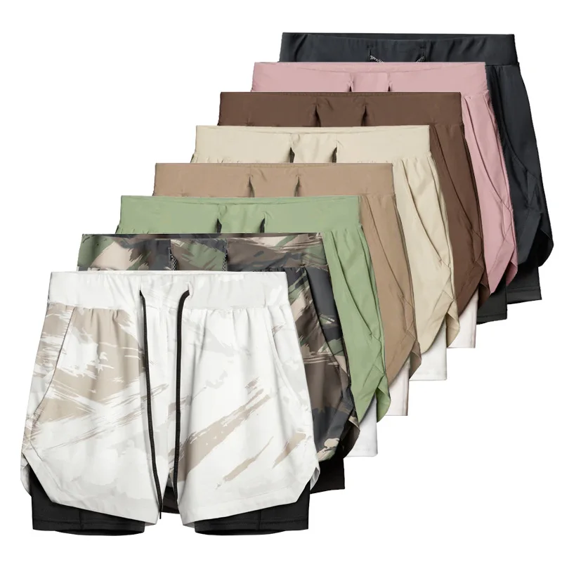 

Camo Running Short Pants Men 2 In 1 Double-deck Quick Dry Sport Shorts