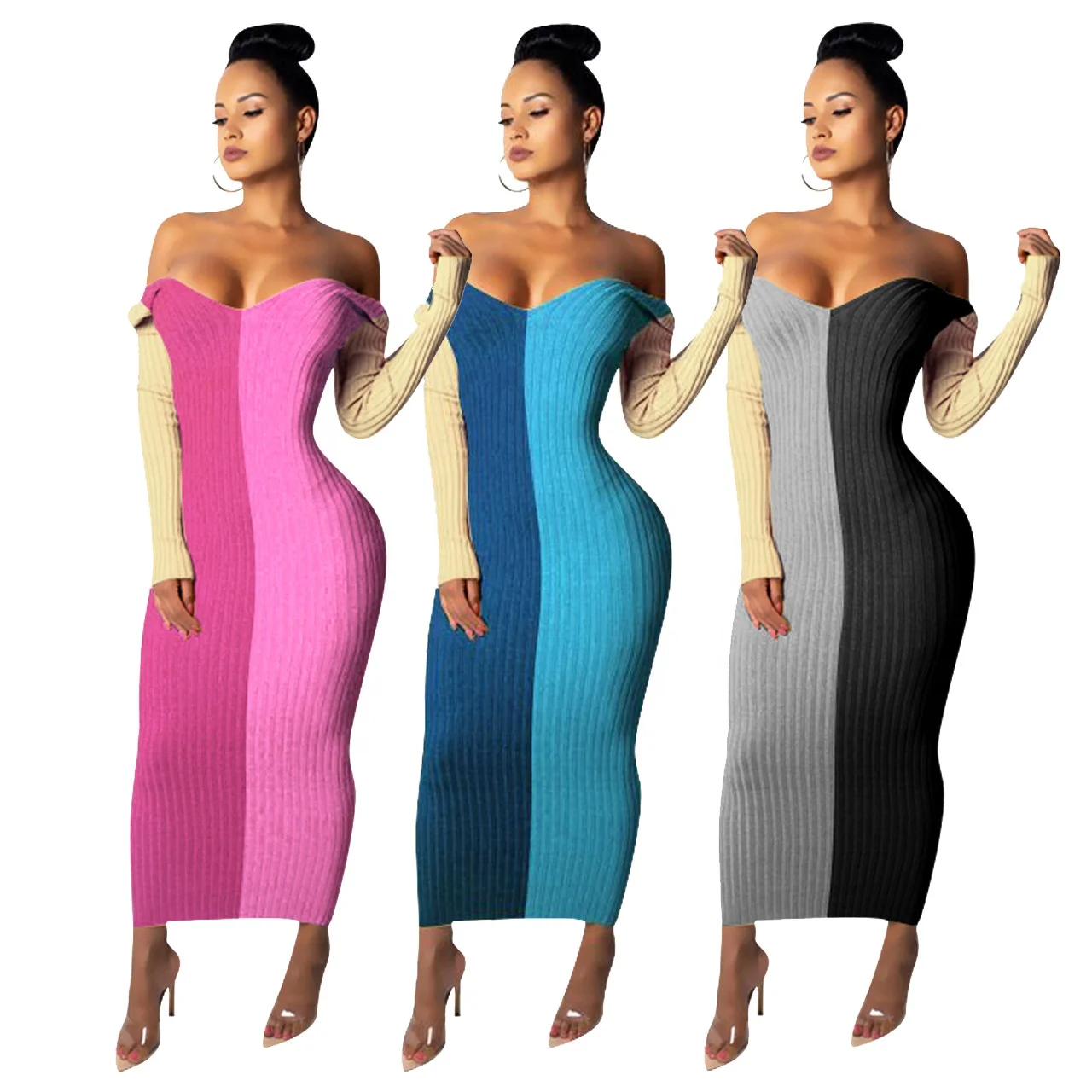 

Q691 New arrival bodycon dress sexy off-shoulder girls' clothing color blocking fashion winter dresses
