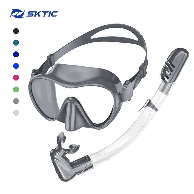 

SKTIC Single Tempered Glass Lens Silicone Skirt Strap Swim Scuba Goggles Snorkeling Free Diving Mask And Snorkel Set, Transparent gray