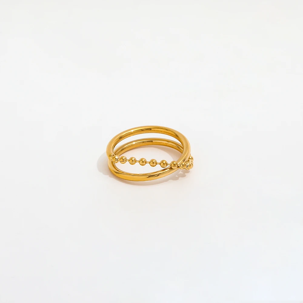 High End 18K PVD Gold Plated Double-layer Beads Rings Stainless Steel Women Rings Tarnish Free Jewelry
