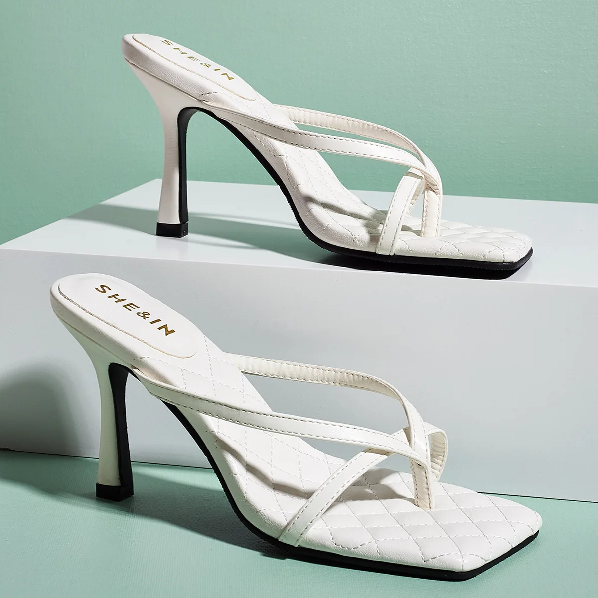 

custom women slide heels flip flops suqare toe slipper for women and ladies high heel sandals, White, black, brown