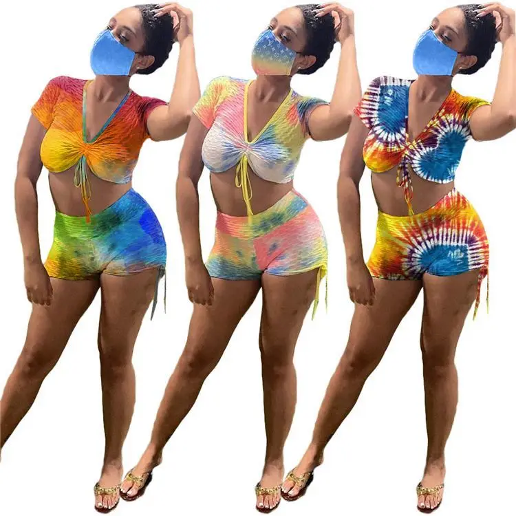 

MISSMOEN Fashionable Colorful Crop Top V-neck Casual Women Clothing Short 2 Piece Pants Set
