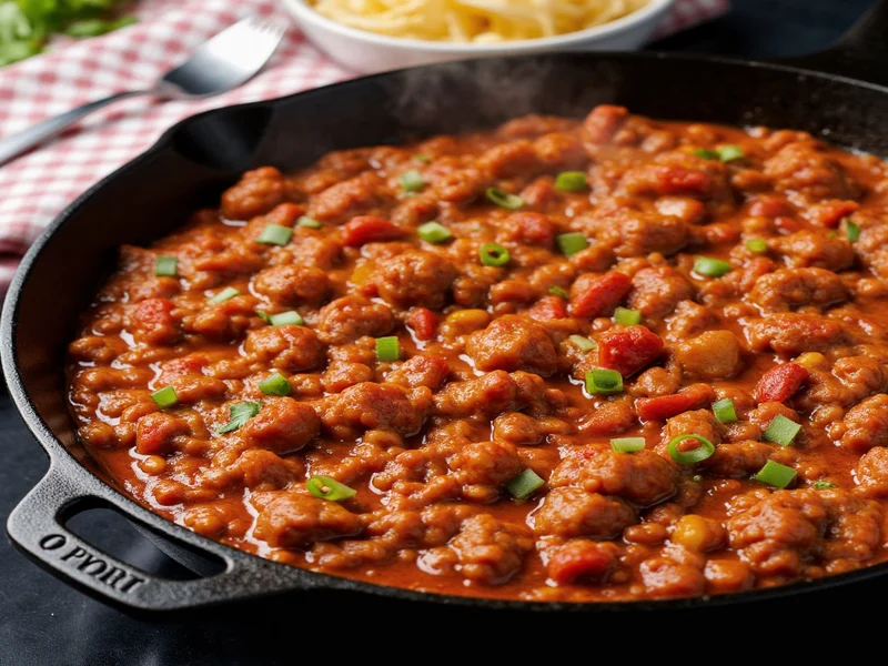Homemade sloppy joe mix simmering in cast iron skillet