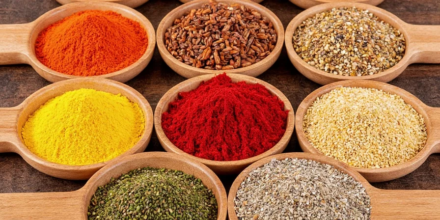 Greek herbs and spices on wooden table
