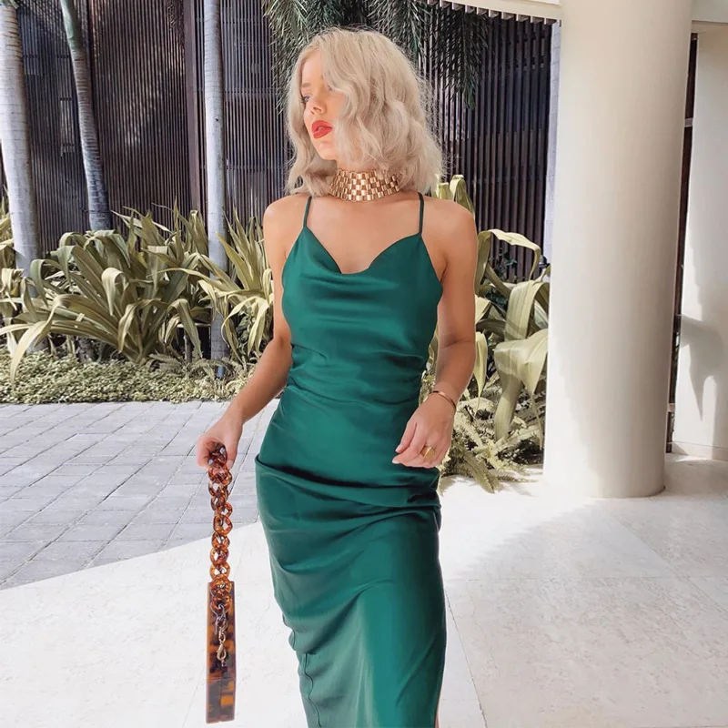 

sleeveless open back green Natural satin draped boho 2021 new arrivals cowl neck slip dress dinner dresses for ladies