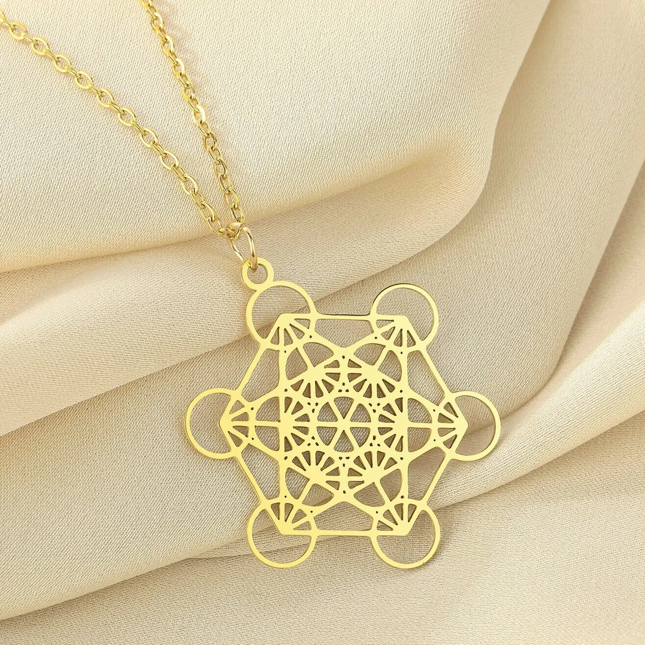 

Wholesale New Trend Gold Metatron Necklace Cube Pendant Stainless Steel 18k Gold Sacred Religious Symbol Geometry Bulk Jewelry
