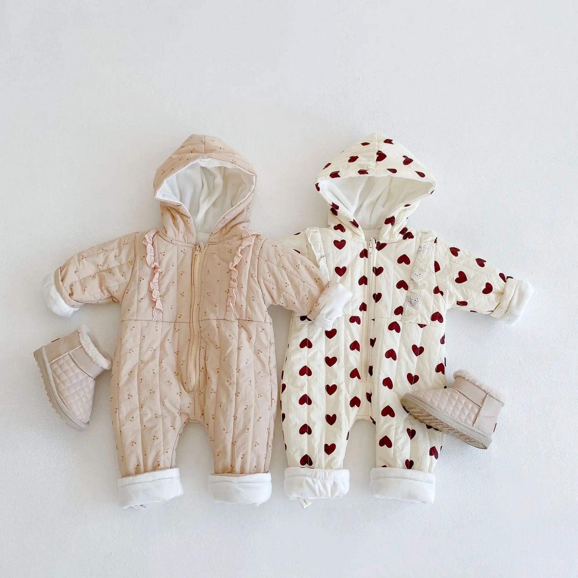 

2021 Winter fleece-lined warm printed lace cotton-padded clothes long crawling body clothes infants baby long crawling clothes