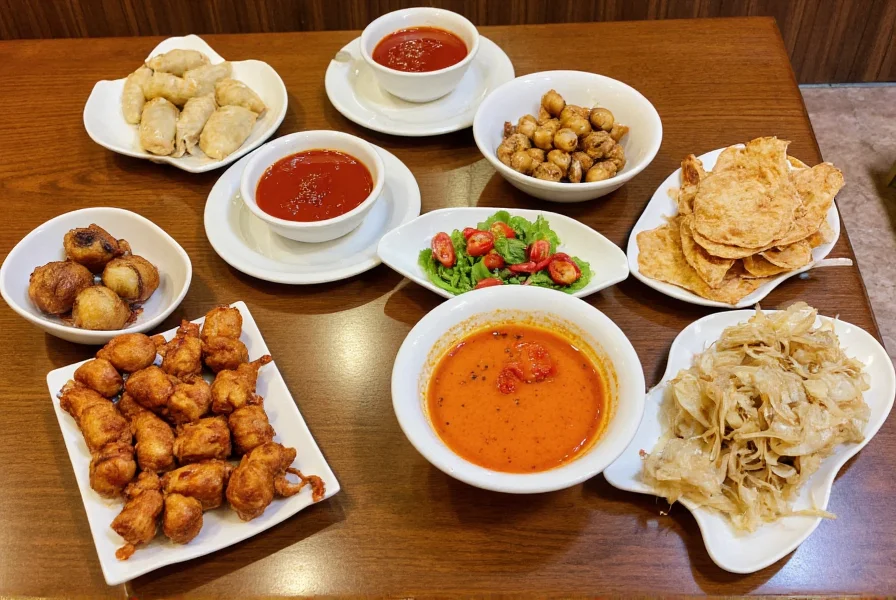 Various dishes featuring red chili sauce including spring rolls, dumplings, and noodles arranged on wooden table