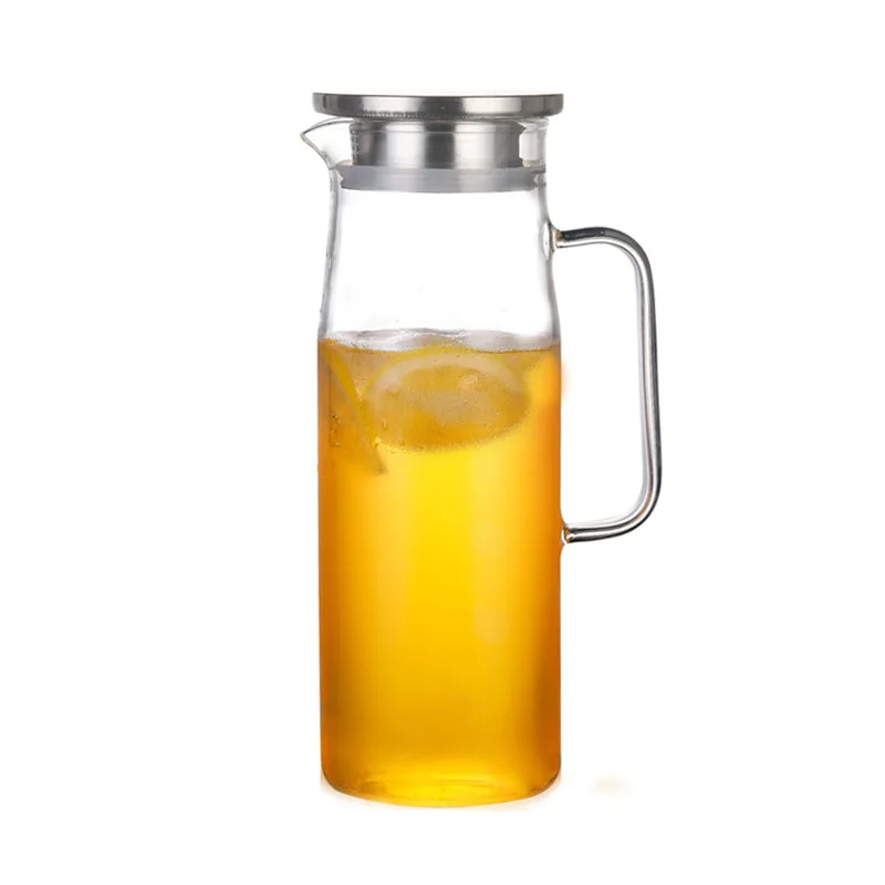 

Heat Resistant Hot And Cold Water Jug With Spout Carafe Stainless Steel Lid Hand Made Borosilicate Glass Pitcher, Clear