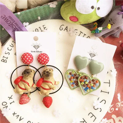 

Hot Sale Double Heart Earrings With Colorful Beads Cute Dog Pendant Resin Earrings For Women Fashion Jewelry