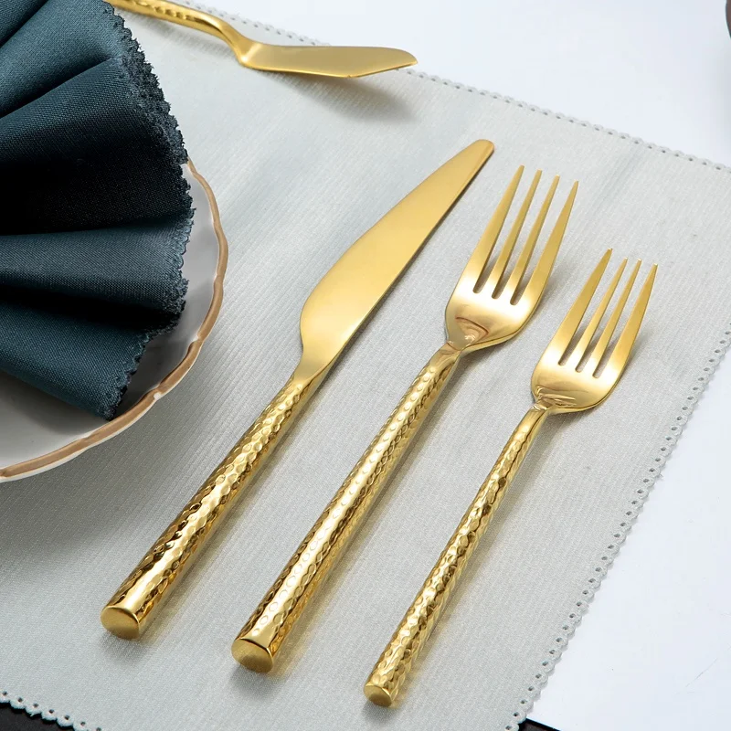 

Stainless steel 18/0 hand forged gold spoons and forks flatware set heavy duty gold plated cutlery