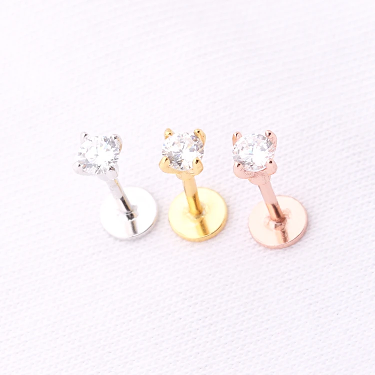 

S925 sterling silver piercing jewelry gold plated tragus helix piercing cartilage earrings zirconia flat back earring