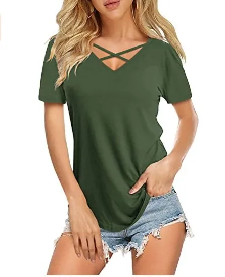

2021 Vintage V-Neck Casual Summer Comfortable Woman's T-shirt Fashion, Customized color
