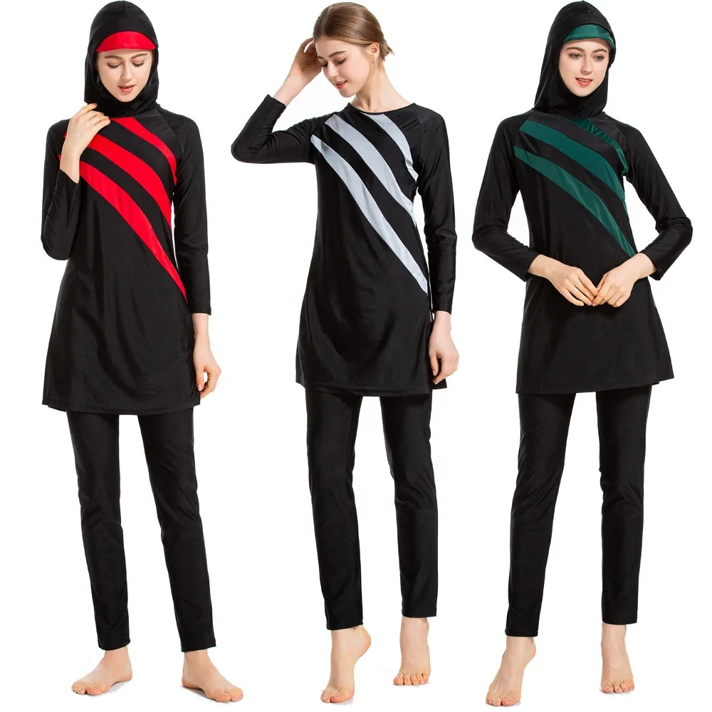 

Women Slim Fit Striped Plus Size Swimwear Pakistan Hijab Beachwear Muslim Swimsuit For Islamic Clothing, Gray.green.red