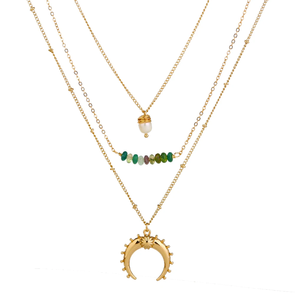 

Three Layer Necklace With Gold Crescent Natural Freshwater Pearl Color Natural Stone Pendant
