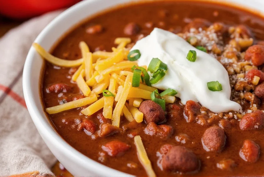 Finished bowl of Bear Creek Chili served with toppings like sour cream and shredded cheese