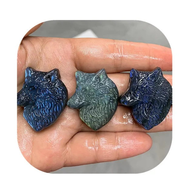

Carving gemstone 33mm healing crystals crafts natur blue flash labradorite crystal wolf skulls figurines for gift