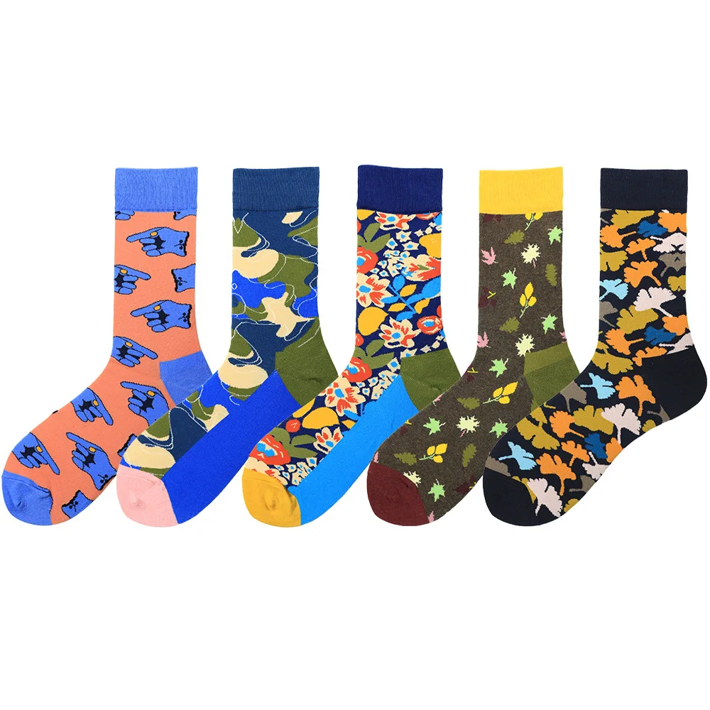 

XIANGHUI Wholesale Fashion high quality happy socks women cotton long tube striped five-pointed star geometric leaf socks