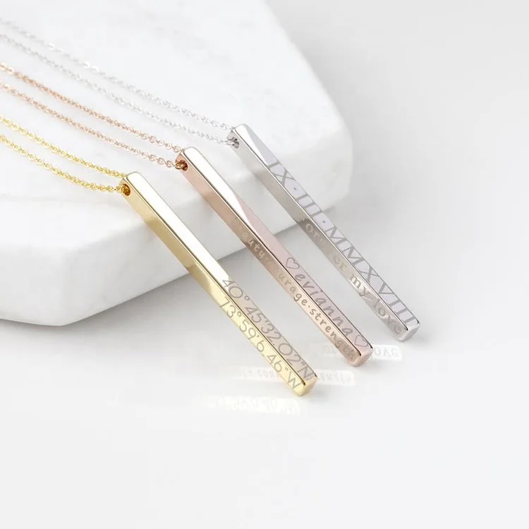 

925 Sterling silver Jewelry Personalized Engraved Name Vertical Bar Necklace, Platinum/gold/rose gold