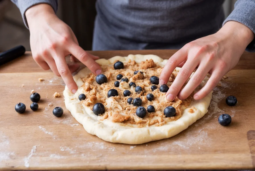Professional baker hand-rolling blueberry cinnamon bun dough with fresh blueberries and cinnamon sugar mixture