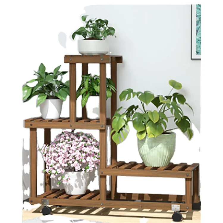 

K&B cheap popular home decor hot solid wood flower pot stand with wheel, As picture