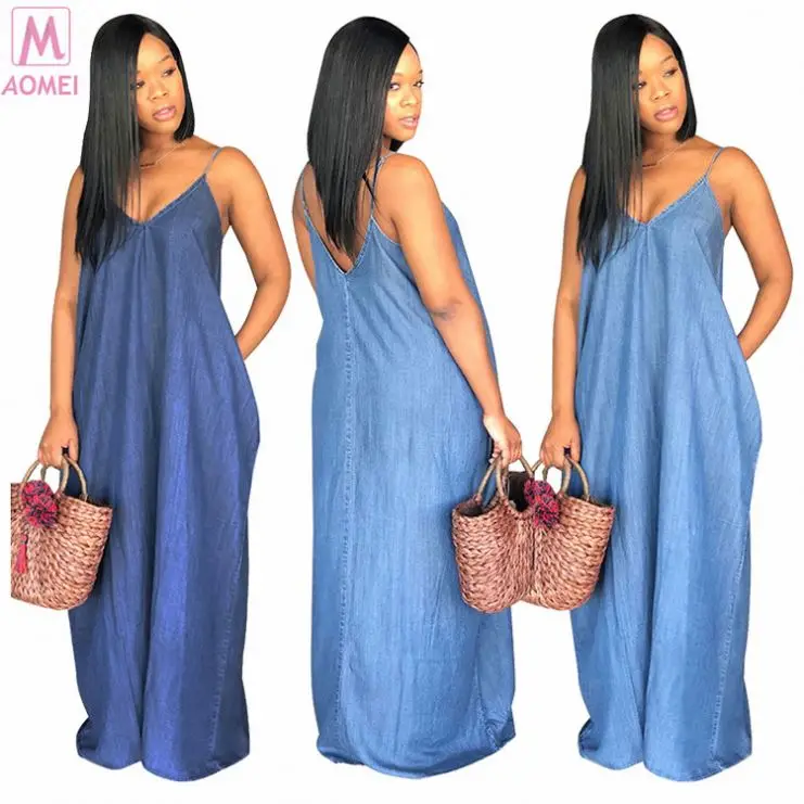 

S5161 Women Elegant Sexy Maxi Dress Long Ladies Solid Color A-Line Empire Denim Floor-Length Spaghetti Strap Casual Dress