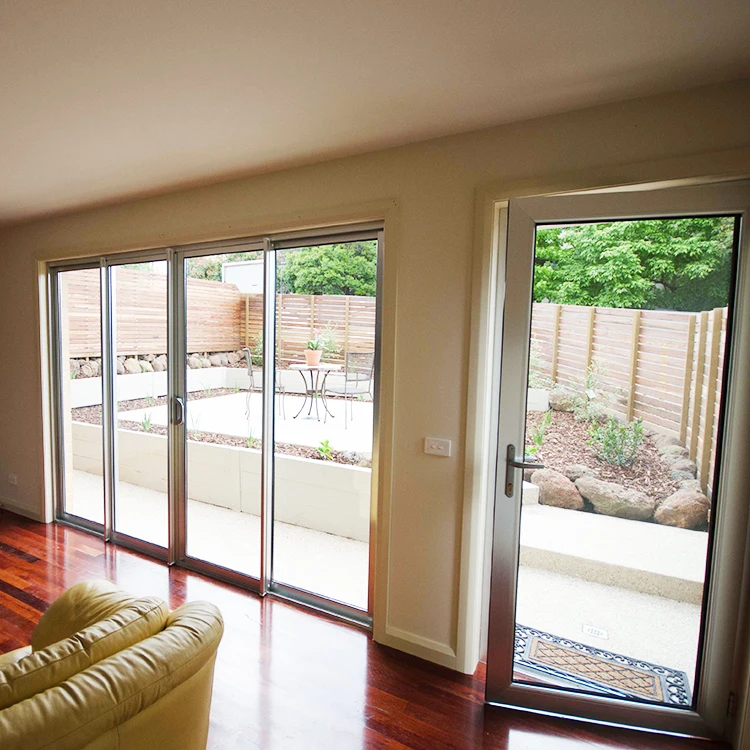 Modern design narrow frame 4 panel ultra thin double glass aluminium profile sliding glass doors system