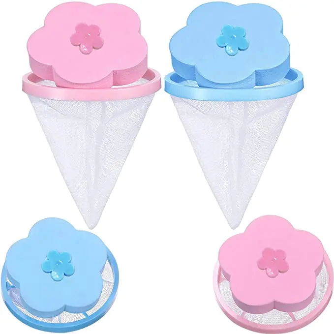 

Household Reusable Washing Machine Floating Lint Mesh Bag Hair Filter Net Pouch Roller Pet Hair Remover For Laundry, Pink and blue