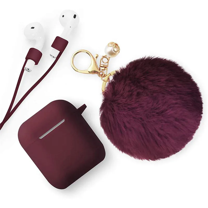

Luxury Cute Soft Silicone Earphone Case For Airpods 2 Gen Cover With Fur Ball Pearl Keychain Anti-lost Strap, 12 colors