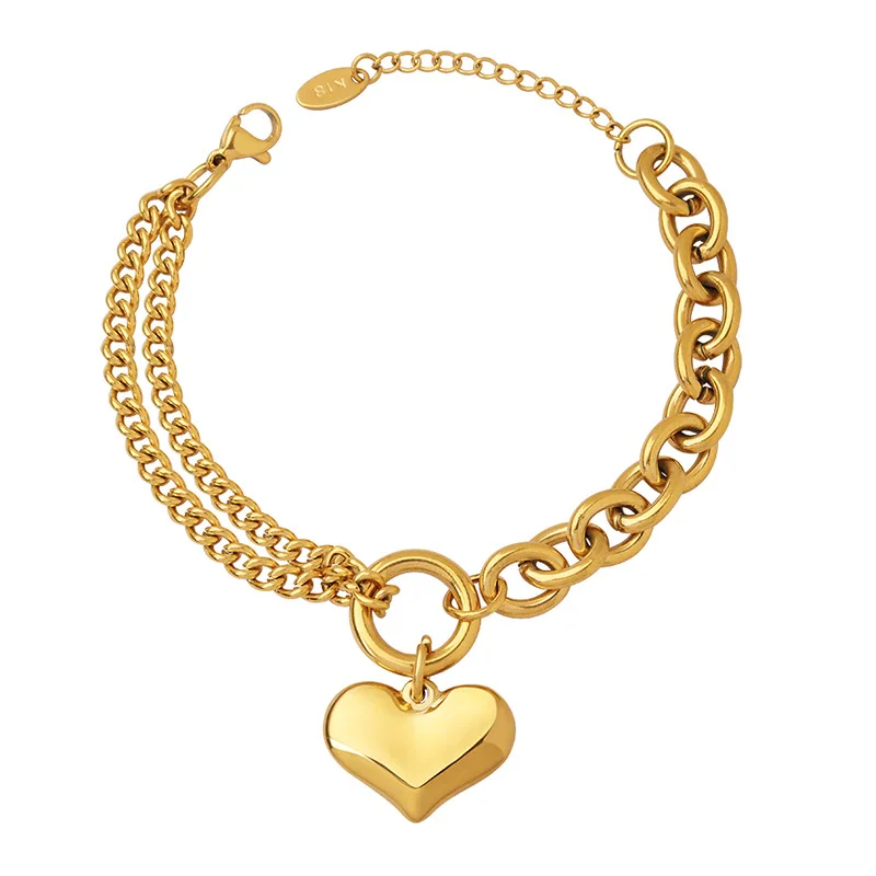 

Fashion 18K Gold Plated Double Cuban Chain Splicing Paperclip Chunky Chain Stainless Steel Heart Pendant Bracelet For Women