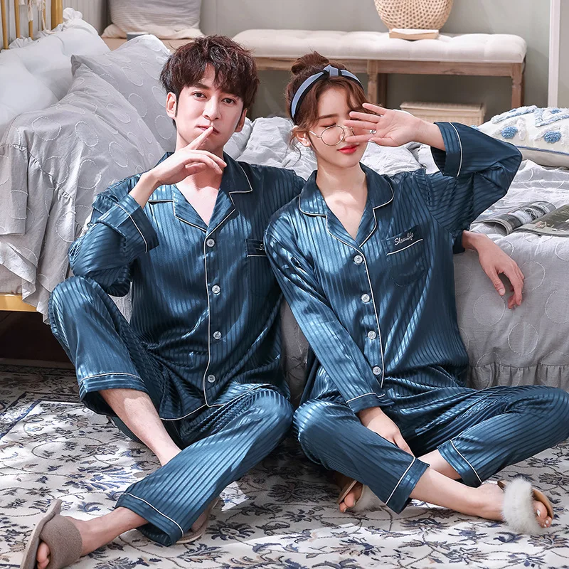 

JULY'S SONG Faux Silk Satin Pajamas Sets Striped Couples Sleepwear Spring Autumn Long Sleeve Shirt Long Pants Leisure Homewear, Black red blue pink green