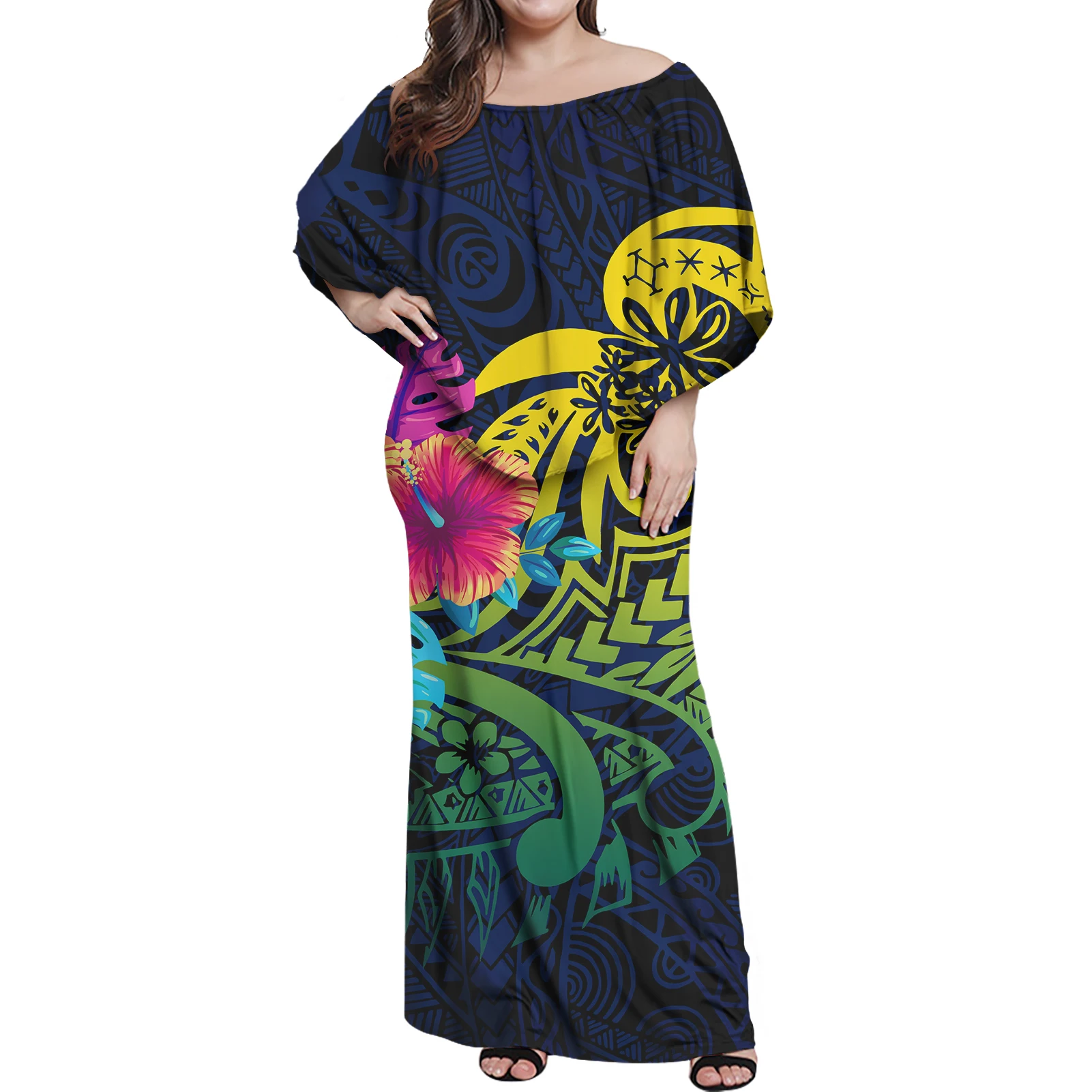 

Drop Shipping Cheap High Quality Women Dress Polynesian Tribal Design Rasta Color Female Ruffle Long Dress Lady Sexy Tight Dress, Customized color