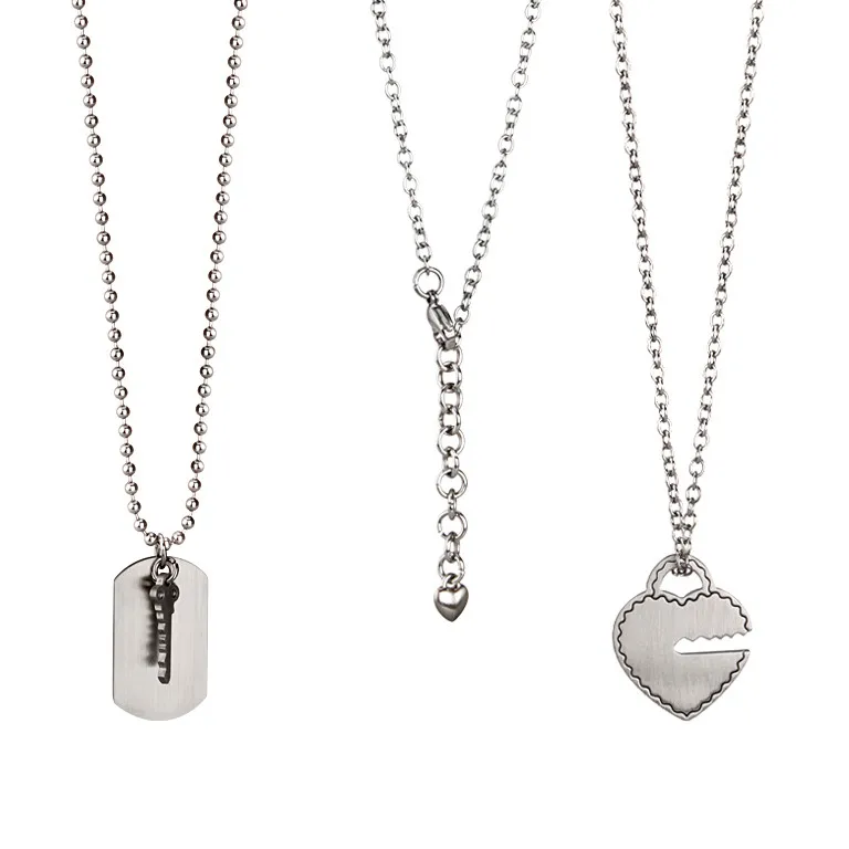 

Set of 3 Key To My Heart Necklace Set Metal Necklace Chain With Heart Key Decorations For Lover's Gifts Valentine's Day Gift, Brush silver
