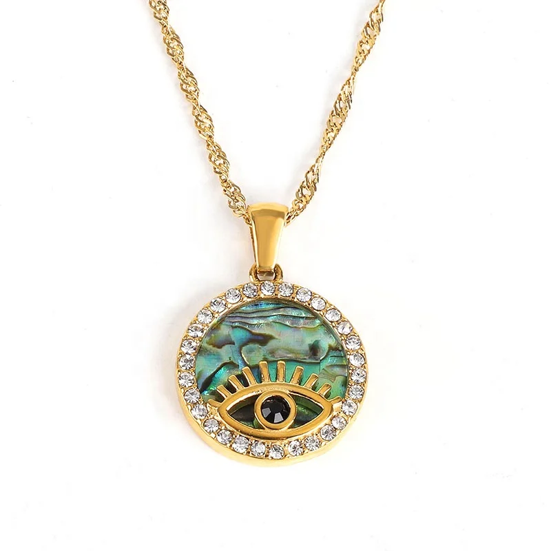 

Wholesale Dainty Stainless Steel Jewelry 18K Gold Plated Pave Zircon Round Abalone Shell Pendant Turkish Devil's Eye Necklace