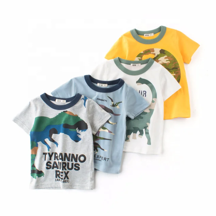 

Fashion Knitted Cotton Infant Boys Wearing White Casual T-shirt Tops with Printed Cartoon Dinosaur, Picture