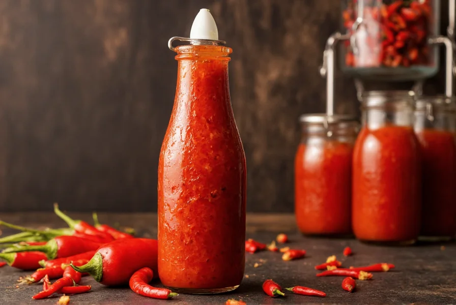 Finished fermented chili sauce in bottle next to fresh chili peppers and fermentation equipment