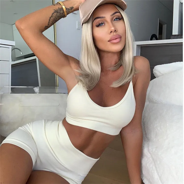 

2020 Women Outfit Two Piece Sport Halter Sport Jogging Sets Solid Color Clothing Woman Biker Ladies Short 2 Two Piece Set Outfit