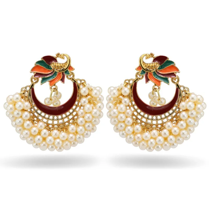 

Elegant indian pearl peacock pendant earrings for women jewelry, Gold