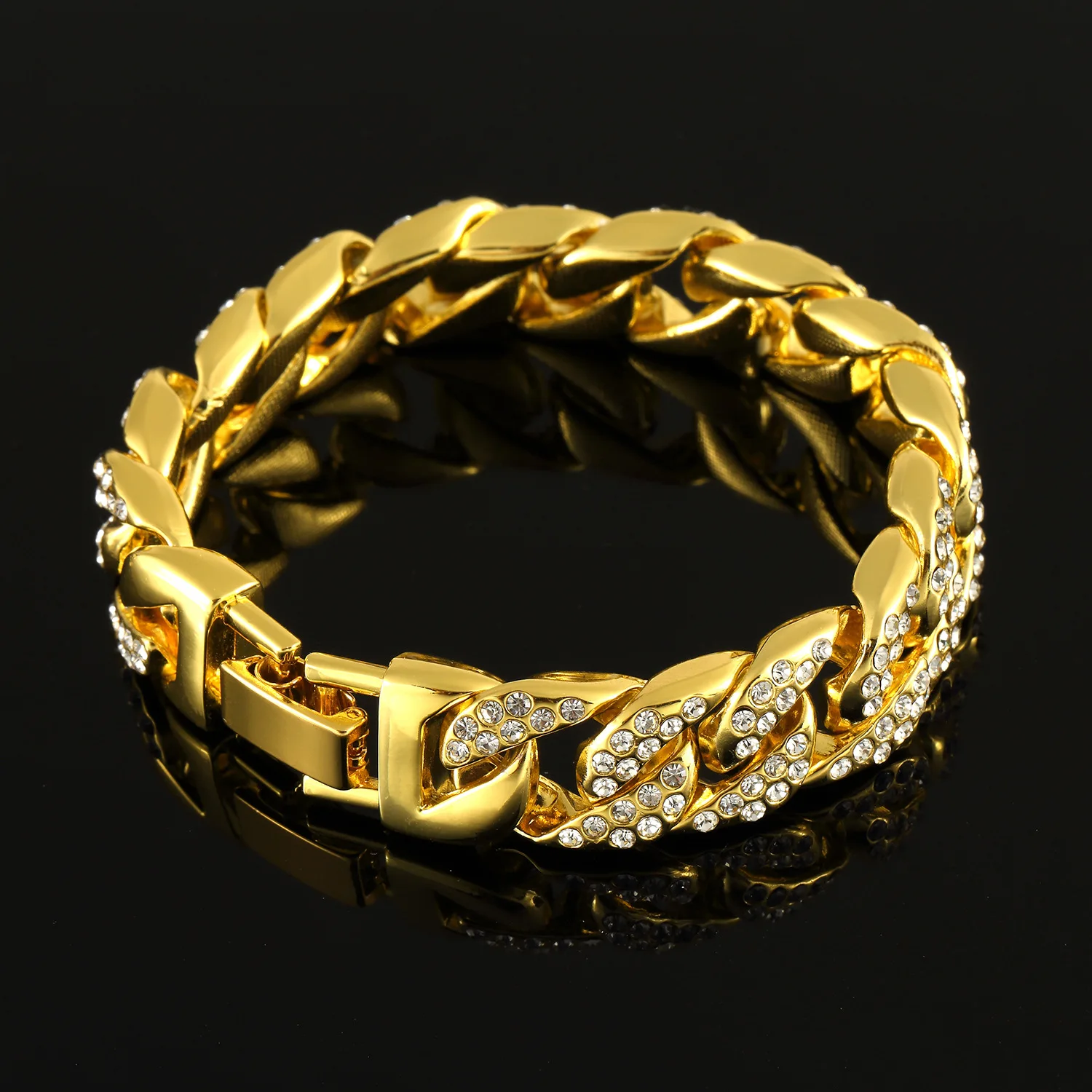 

European and American full diamond hip hop fashion bracelet jewelry 18K alloy gold Bling non-fading chain, Picture