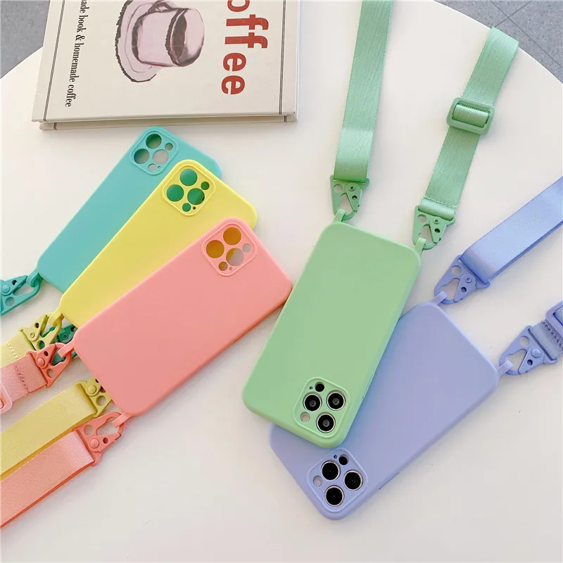 

Fine hole silicone phone case for iPhone 12 pro with Lanyard candy color