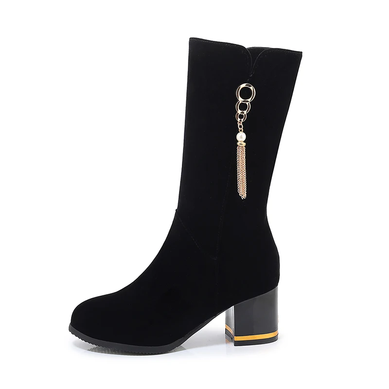 

Winter Round-head Suede Leather Chunky Lady Middle Boot, Black