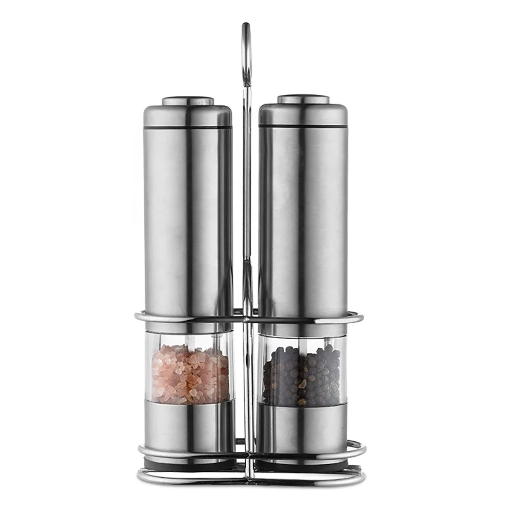 

2pcs/pack Amazon Hot Stainless Steel Battery Operated Stainless Steel Pepper Mill with Light Spice Shakers Salt Pepper Grinder