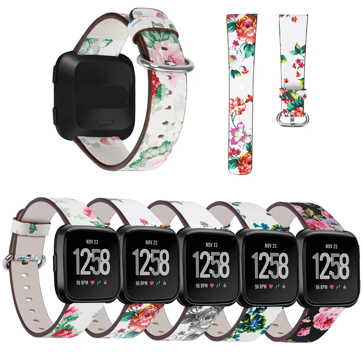 

High Premium Leather Watchband for Fitbit Versa Flowers Print Style Bracelet Watch Band Strap, 5 colors