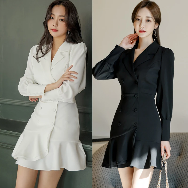 

arrivals new arrivals women outdoor formal business lady dress black white two colors Double breasted ruffled sheath dress