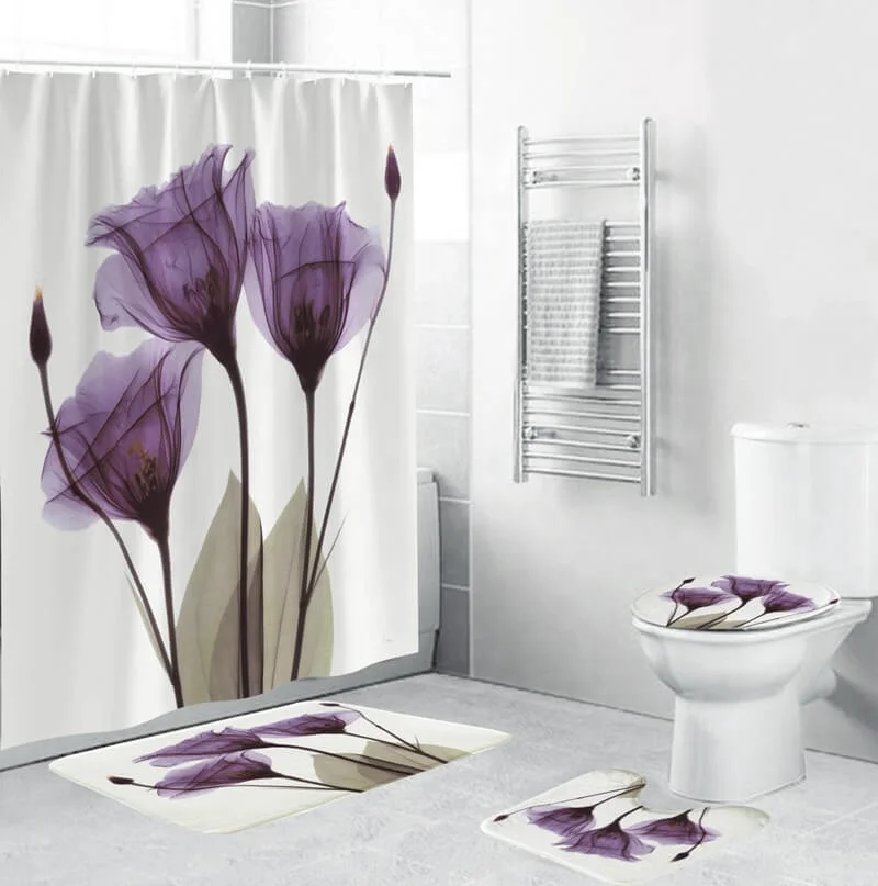 

i@home daffodil 4 piece water resistant shower curtain set custom bath print with non-slip rugs, Purple