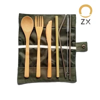 

High Quality Eco Friendly Nature Knife Toothbrush Straw Brush Fork Chopstick Spoon Dinner Bamboo Cutlery Set With Bag